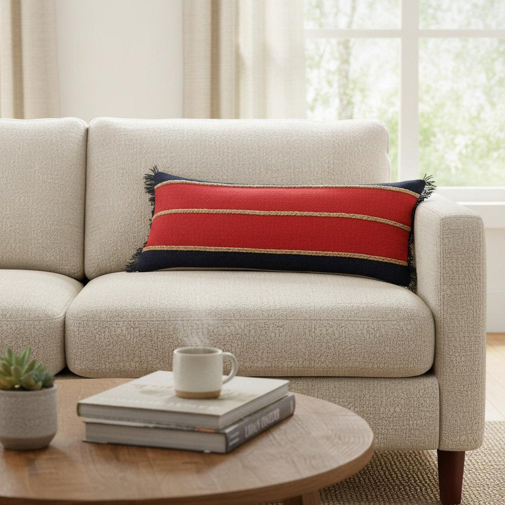 14" X 36" Tan And Navy Blue Lumbar Striped Cotton Blend Throw Pillow Cover with Fringe