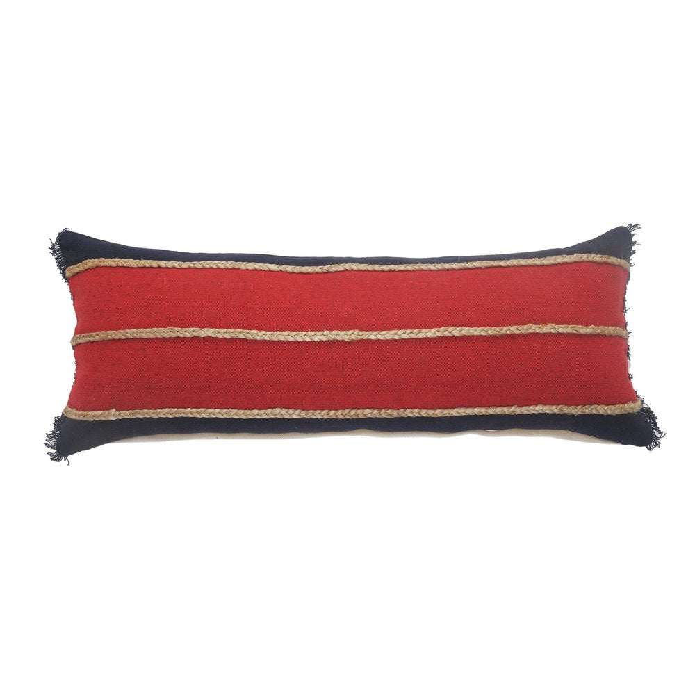 14" X 36" Tan And Navy Blue Lumbar Striped Cotton Blend Throw Pillow Cover with Fringe