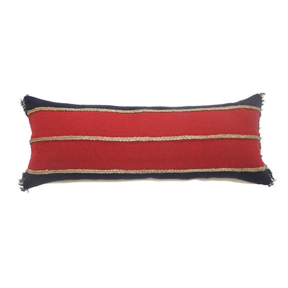 14" X 36" Tan And Navy Blue Lumbar Striped Cotton Blend Throw Pillow Cover with Fringe