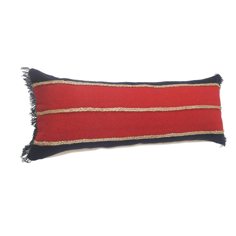 14" X 36" Tan And Navy Blue Lumbar Striped Cotton Blend Throw Pillow Cover with Fringe