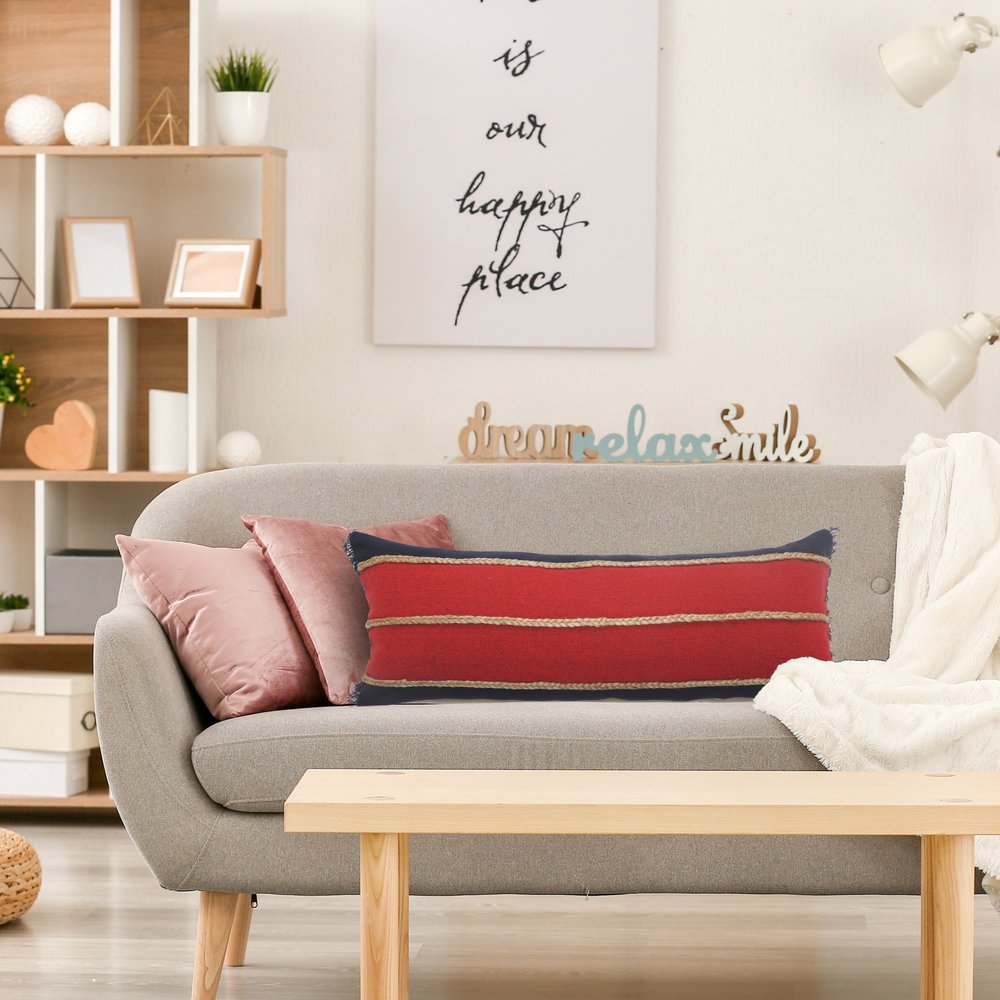 14" X 36" Tan And Blue Lumbar Geometric Cotton Blend Throw Pillow Cover