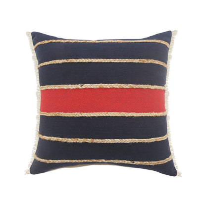24" Tan And Navy Blue Striped Cotton Blend Throw Pillow Cover with Fringe