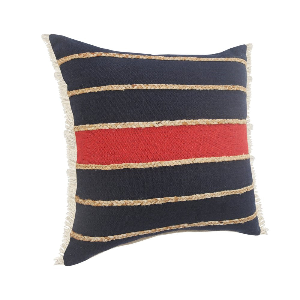 24" Tan And Navy Blue Striped Cotton Blend Throw Pillow Cover with Fringe
