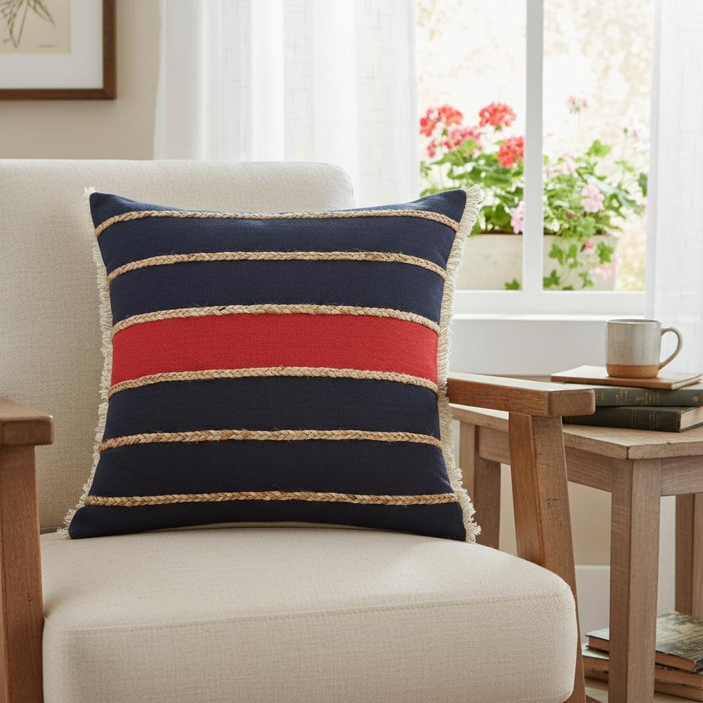 24" Tan And Navy Blue Striped Cotton Blend Throw Pillow Cover with Fringe