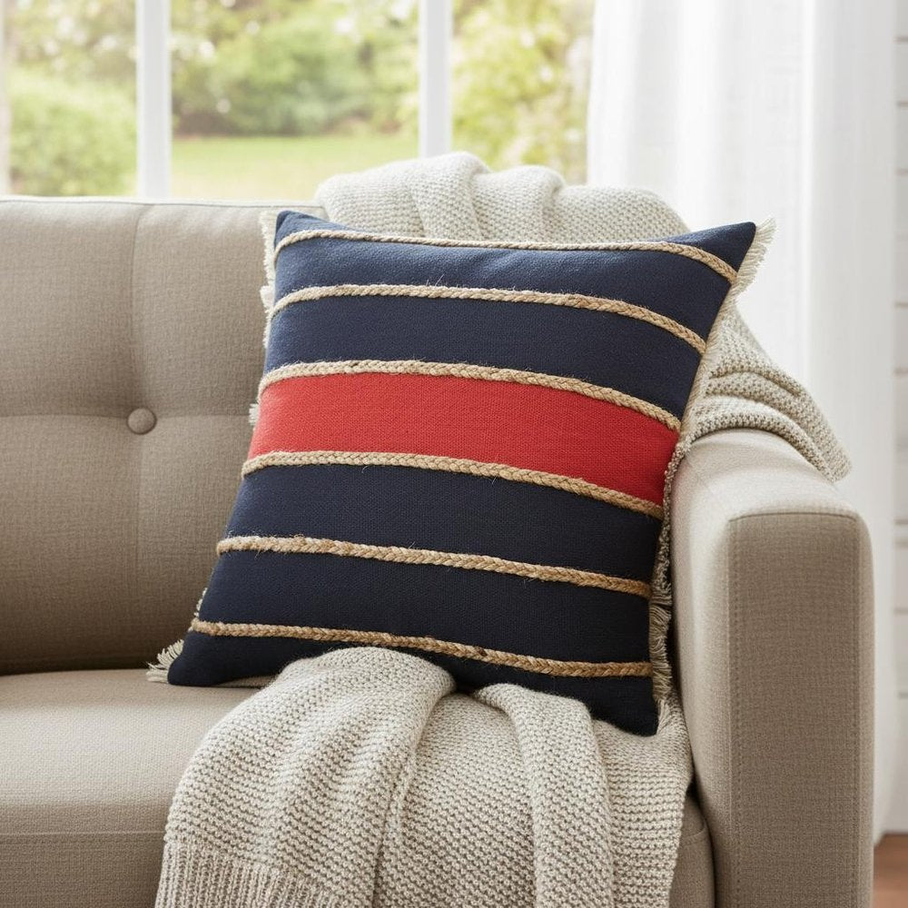 20" Tan And Navy Blue Striped Cotton Blend Throw Pillow Cover with Fringe
