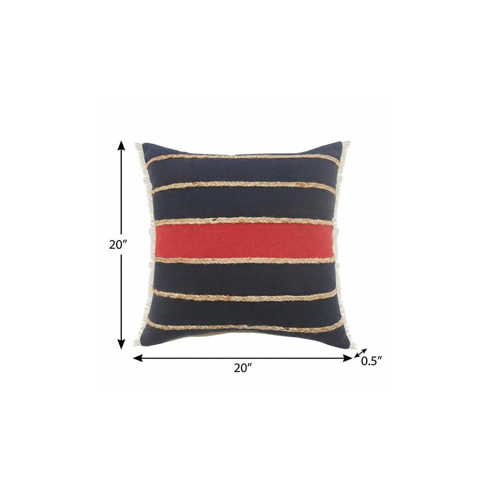 20" Tan And Navy Blue Striped Cotton Blend Throw Pillow Cover with Fringe