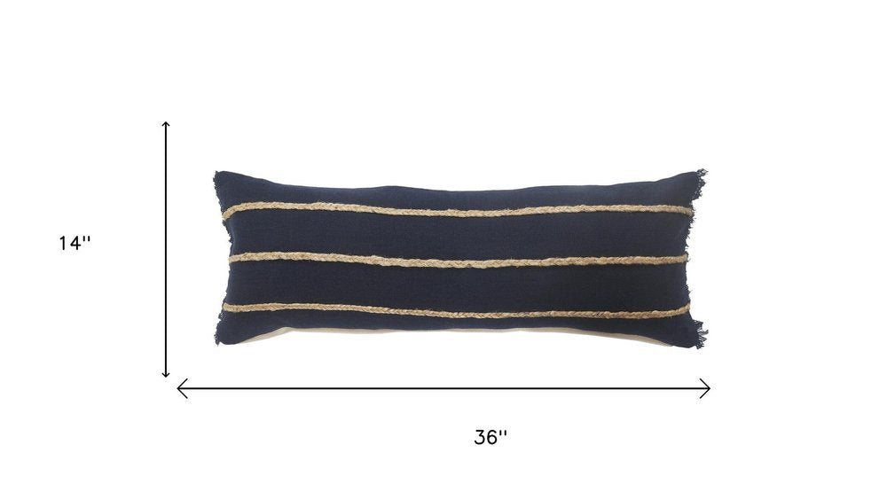 14" X 36" Blue And Brown Lumbar Beach Striped Cotton Blend Throw Pillow Cover with Fringe And Texture