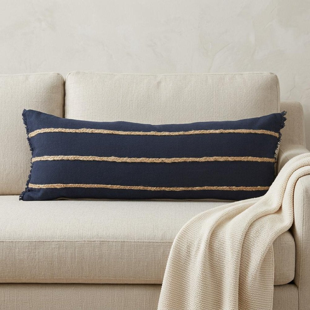14" X 36" Blue And Brown Lumbar Beach Striped Cotton Blend Throw Pillow Cover with Fringe And Texture
