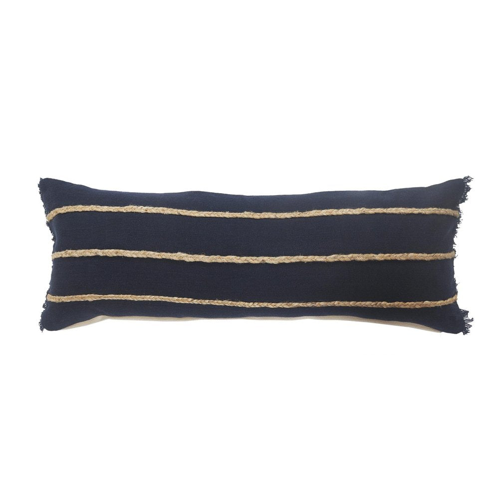 14" X 36" Blue And Brown Lumbar Beach Striped Cotton Blend Throw Pillow Cover with Fringe And Texture