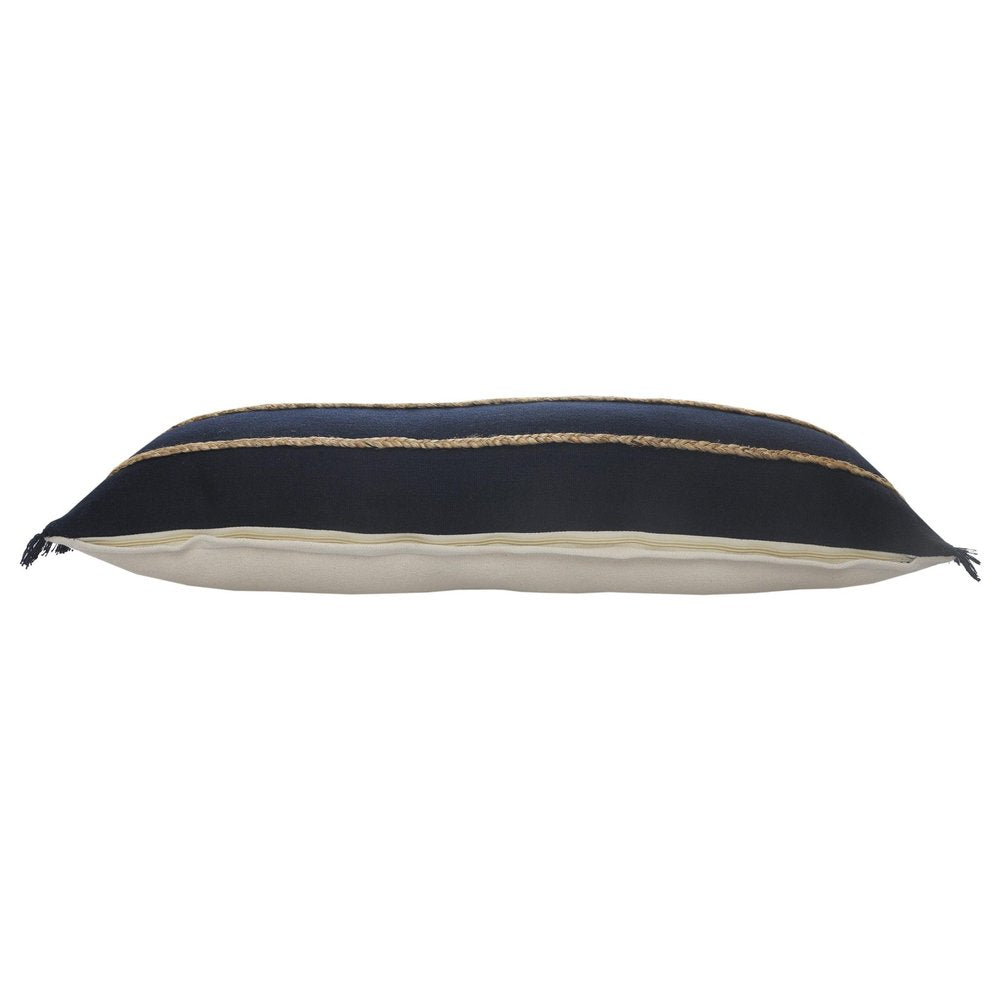 14" X 36" Blue And Brown Lumbar Beach Striped Cotton Blend Throw Pillow Cover with Fringe And Texture