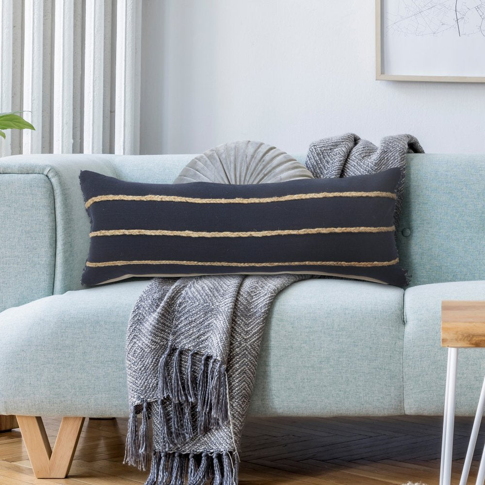 14" X 36" Blue And Brown Lumbar Beach Striped Cotton Blend Throw Pillow Cover