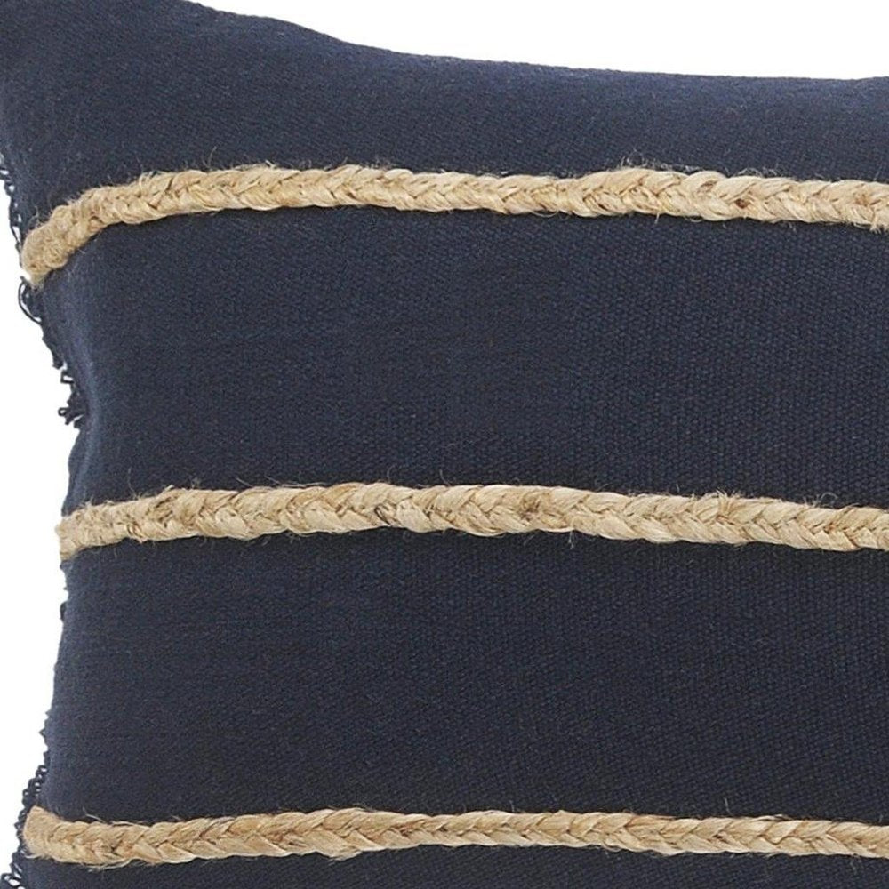 14" X 36" Blue And Brown Lumbar Beach Striped Cotton Blend Throw Pillow Cover with Fringe And Texture
