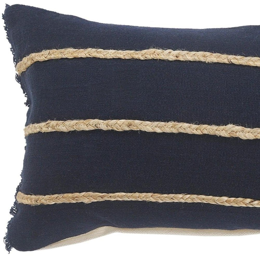 14" X 36" Blue And Brown Lumbar Beach Striped Cotton Blend Throw Pillow Cover with Fringe And Texture