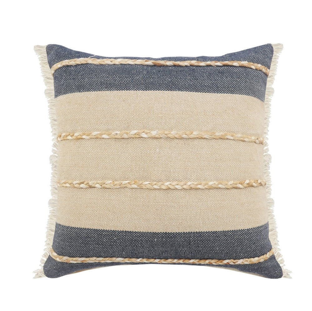 24" Beige And Blue Beach Striped Cotton Blend Throw Pillow Cover with Fringe And Texture