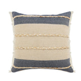 24" Beige And Blue Beach Striped Cotton Blend Throw Pillow Cover with Fringe And Texture