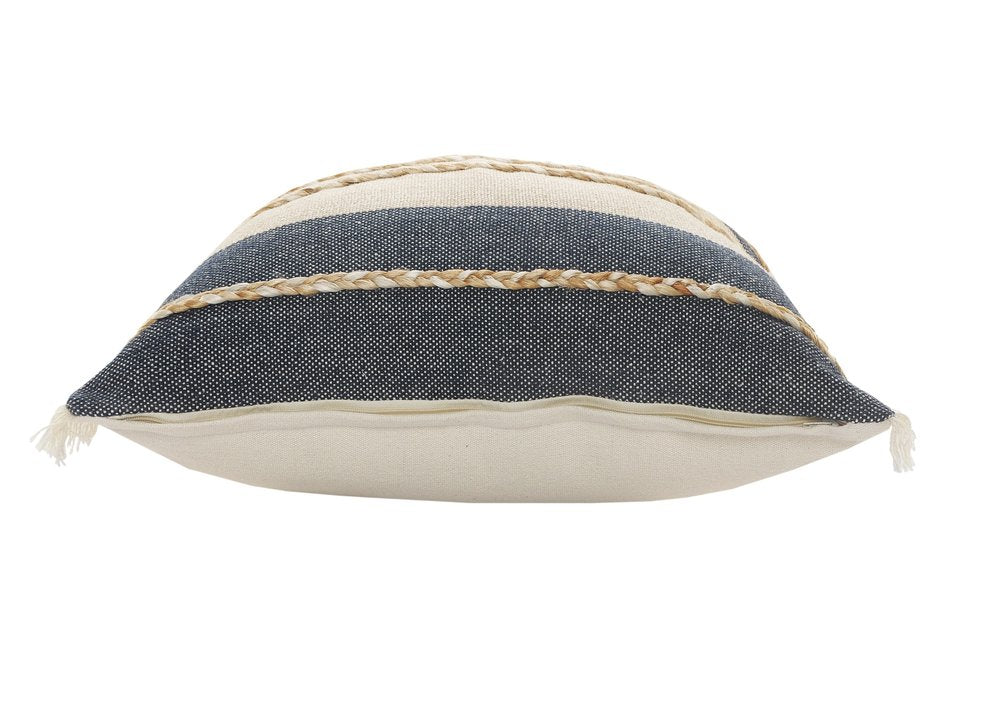 24" Beige And Blue Beach Striped Cotton Blend Throw Pillow Cover with Fringe And Texture