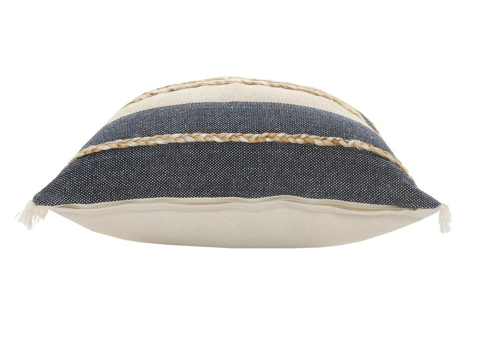 24" Beige And Blue Beach Striped Cotton Blend Throw Pillow Cover with Fringe And Texture