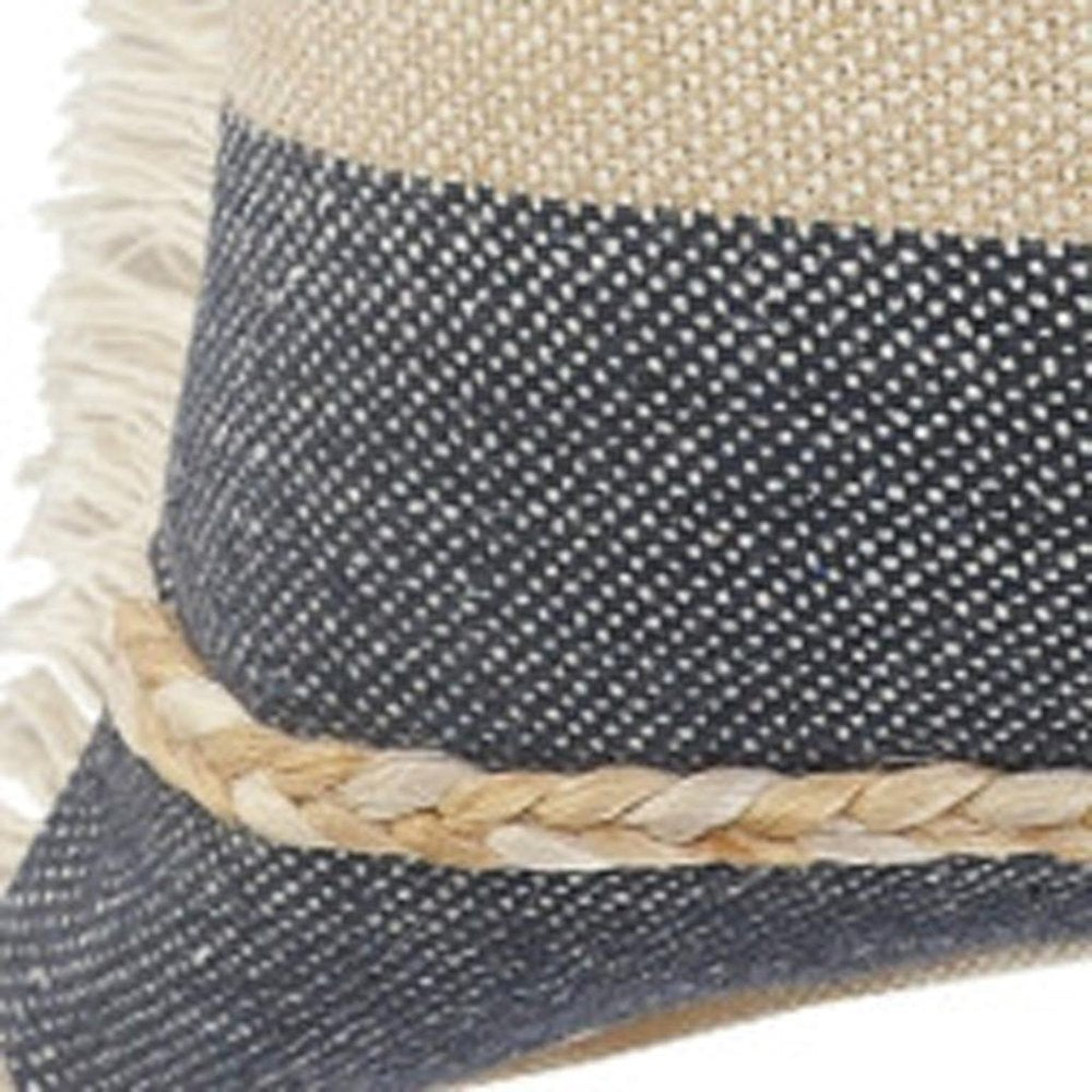 24" Beige And Blue Beach Striped Cotton Blend Throw Pillow Cover with Fringe And Texture