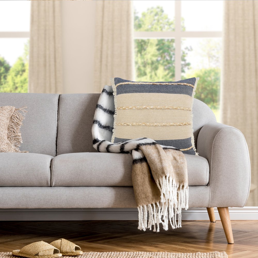 24" Beige And Blue Beach Striped Cotton Blend Throw Pillow Cover