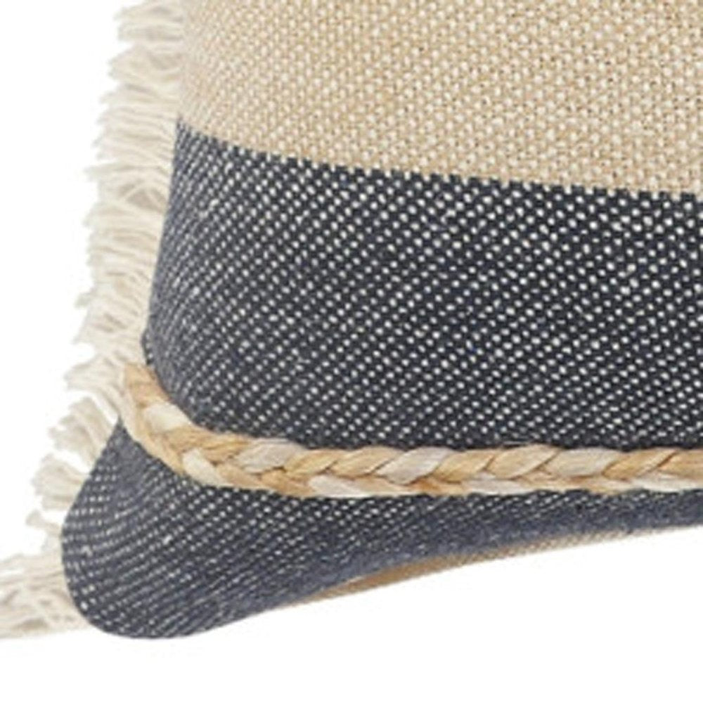 24" Beige And Blue Beach Striped Cotton Blend Throw Pillow Cover with Fringe And Texture