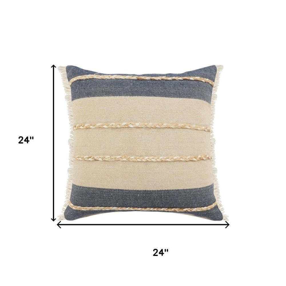 24" Beige And Blue Beach Striped Cotton Blend Throw Pillow Cover with Fringe And Texture