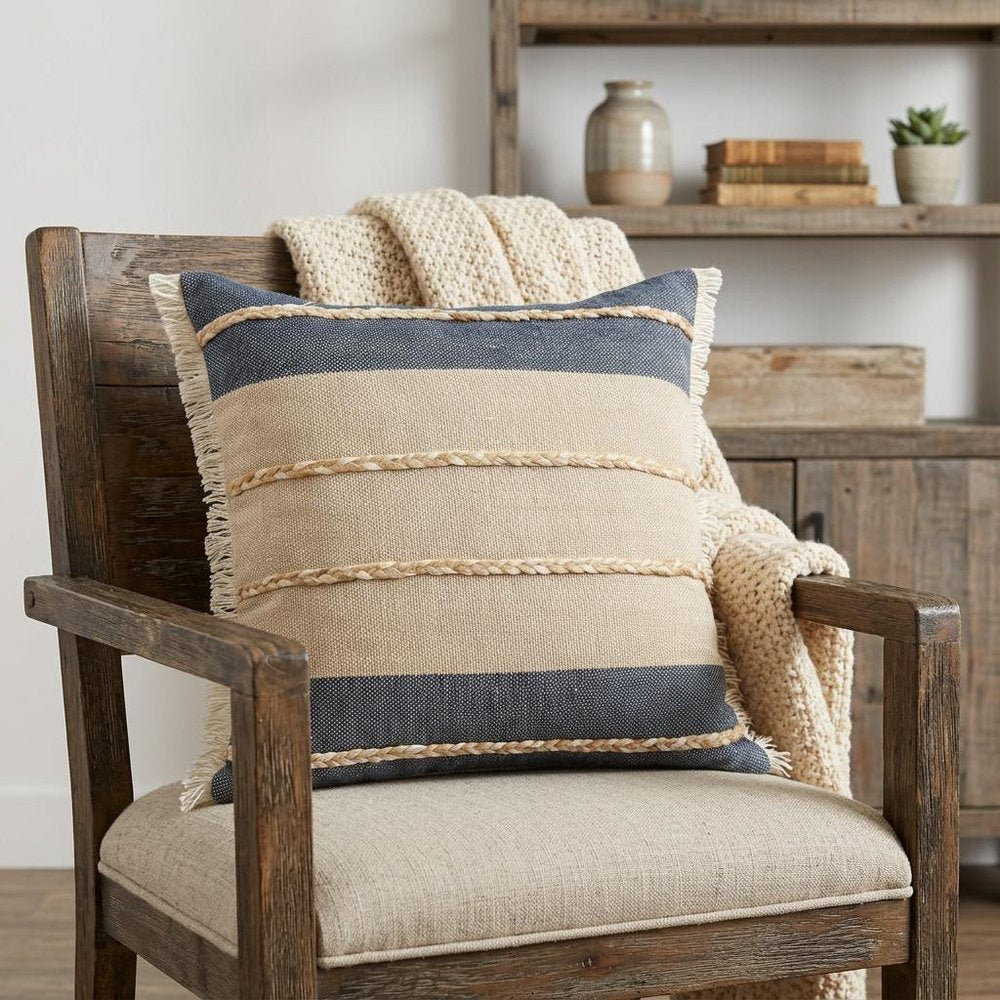 20" Beige And Blue Beach Striped Cotton Blend Throw Pillow Cover with Fringe And Texture