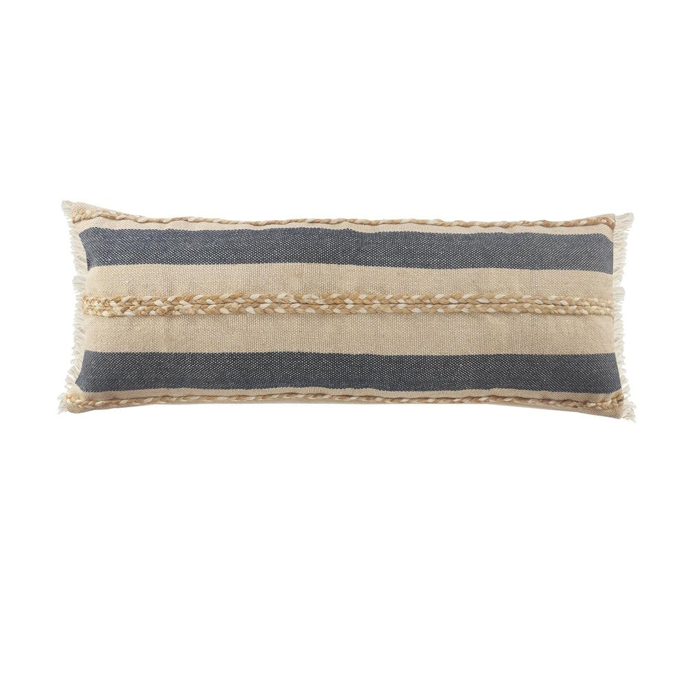 14" X 36" Beige And Blue Lumbar Beach Striped Cotton Blend Throw Pillow Cover with Fringe And Texture