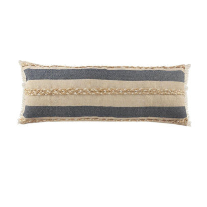 14" X 36" Beige And Blue Lumbar Beach Striped Cotton Blend Throw Pillow Cover with Fringe And Texture