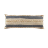 14" X 36" Beige And Blue Lumbar Beach Striped Cotton Blend Throw Pillow Cover with Fringe And Texture