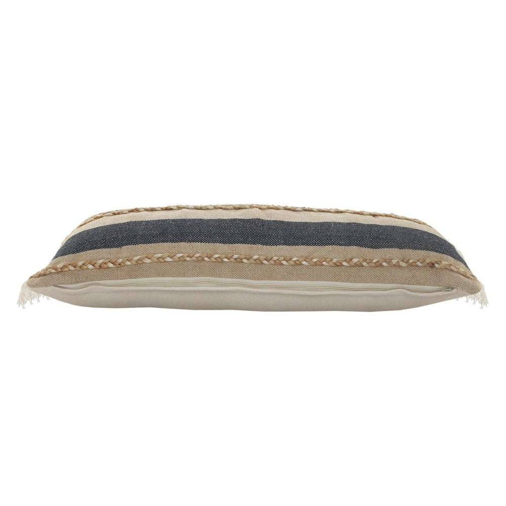 14" X 36" Beige And Blue Lumbar Beach Striped Cotton Blend Throw Pillow Cover with Fringe And Texture