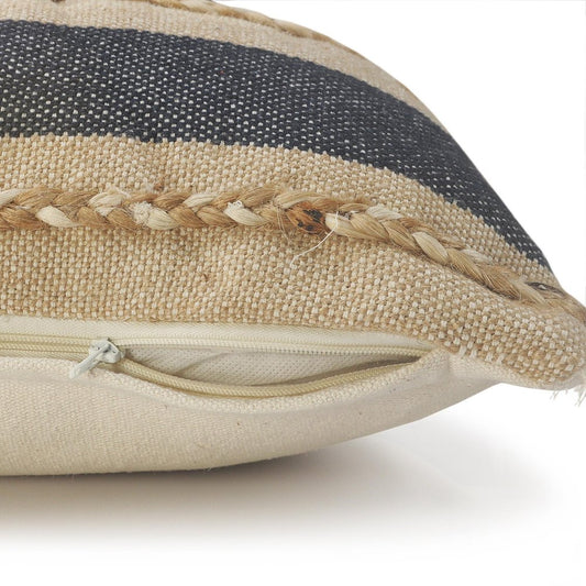 14" X 36" Beige And Blue Lumbar Beach Striped Cotton Blend Throw Pillow Cover with Fringe And Texture