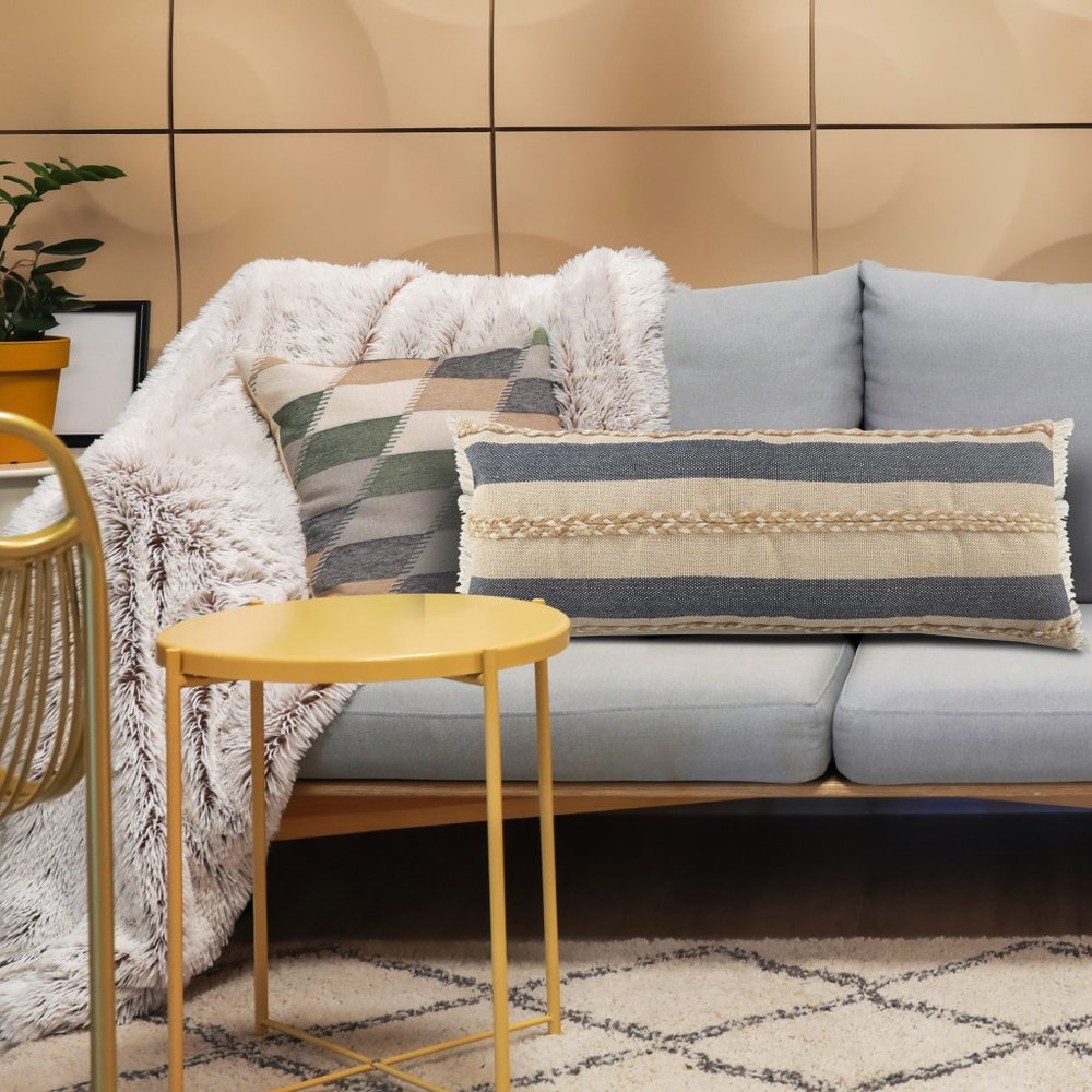 14" X 36" Beige And Blue Lumbar Beach Striped Cotton Blend Throw Pillow Cover