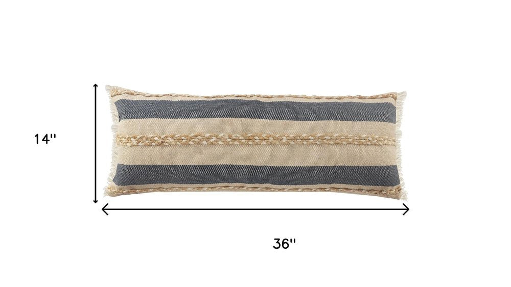 14" X 36" Beige And Blue Lumbar Beach Striped Cotton Blend Throw Pillow Cover with Fringe And Texture