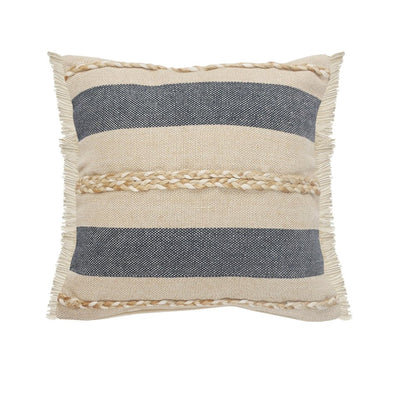 24" Beige And Blue Beach Striped Cotton Blend Throw Pillow Cover with Fringe And Texture