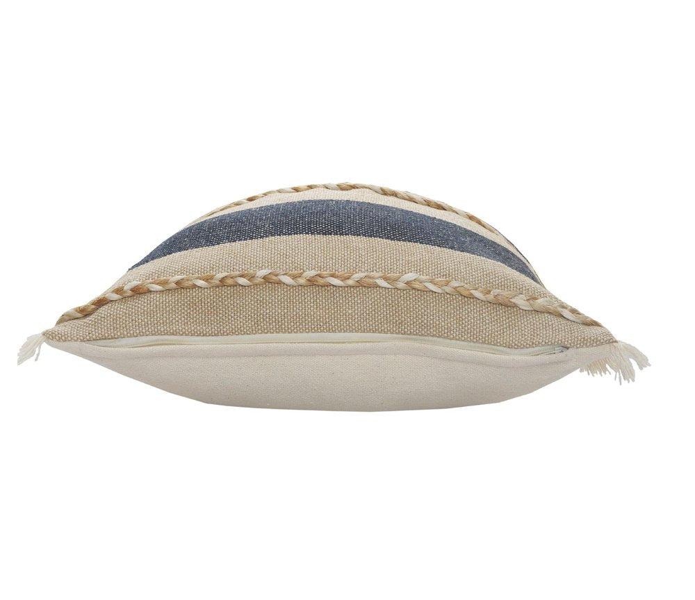 24" Beige And Blue Beach Striped Cotton Blend Throw Pillow Cover with Fringe And Texture