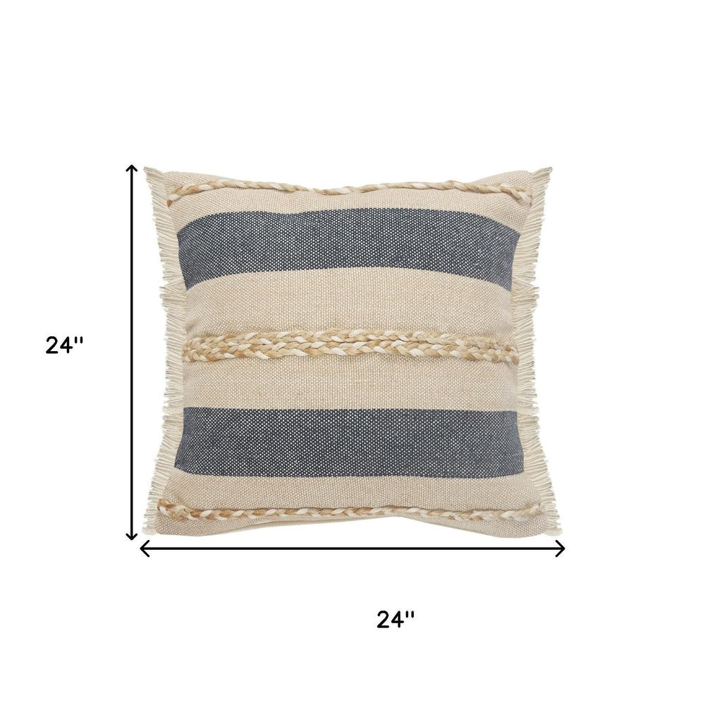 24" Beige And Blue Beach Striped Cotton Blend Throw Pillow Cover with Fringe And Texture