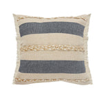 20" Beige And Blue Beach Striped Cotton Blend Throw Pillow Cover with Fringe And Texture