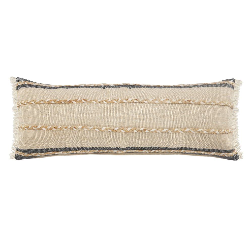 14" X 36" Beige And Black Lumbar Beach Striped Cotton Blend Throw Pillow Cover