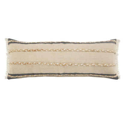 14" X 36" Beige And Black Lumbar Beach Striped Cotton Blend Throw Pillow Cover