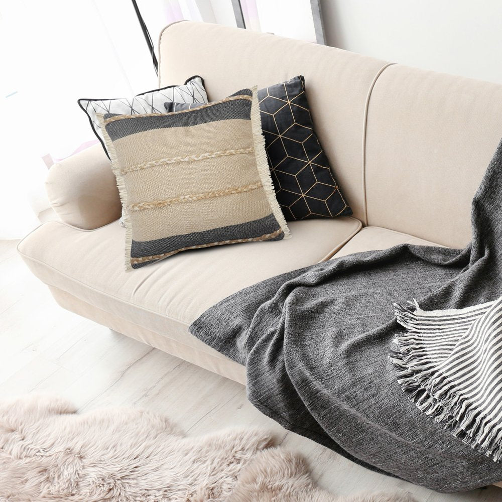 14" X 36" Beige And Black Lumbar Beach Striped Cotton Blend Throw Pillow Cover