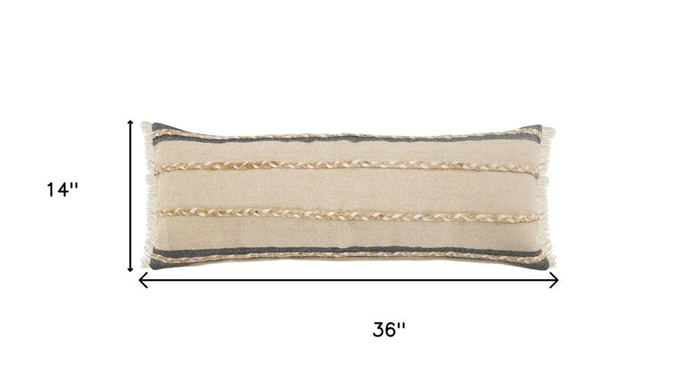 14" X 36" Beige And Black Lumbar Beach Striped Cotton Blend Throw Pillow Cover