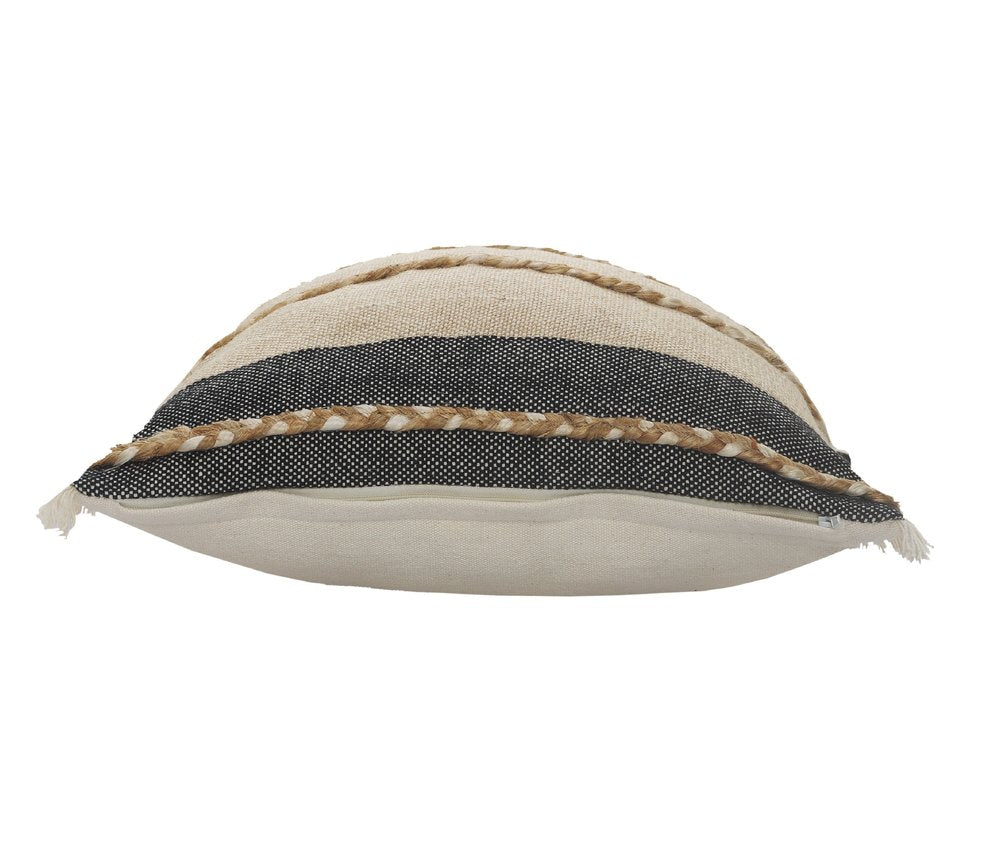 20" Beige And Black Beach Striped Cotton Blend Throw Pillow Cover with Fringe And Texture
