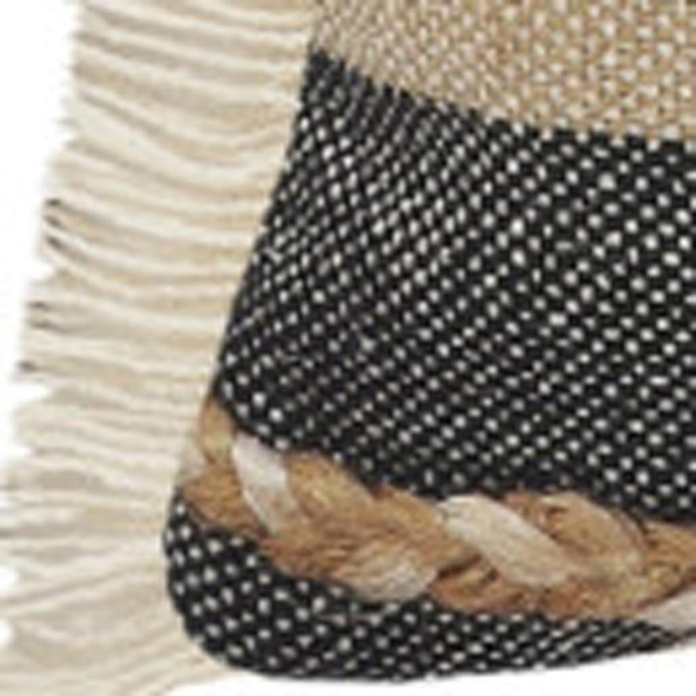 20" Beige And Black Beach Striped Cotton Blend Throw Pillow Cover with Fringe And Texture