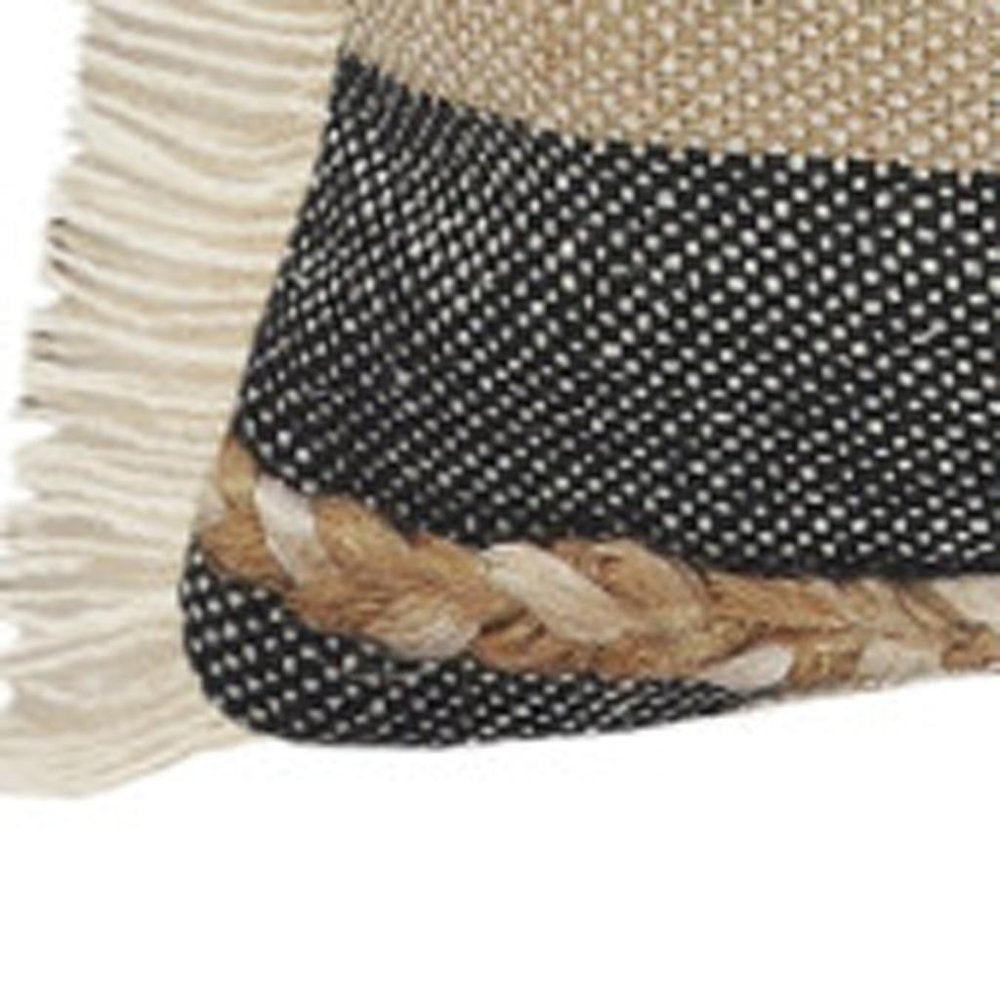 20" Beige And Black Beach Striped Cotton Blend Throw Pillow Cover with Fringe And Texture