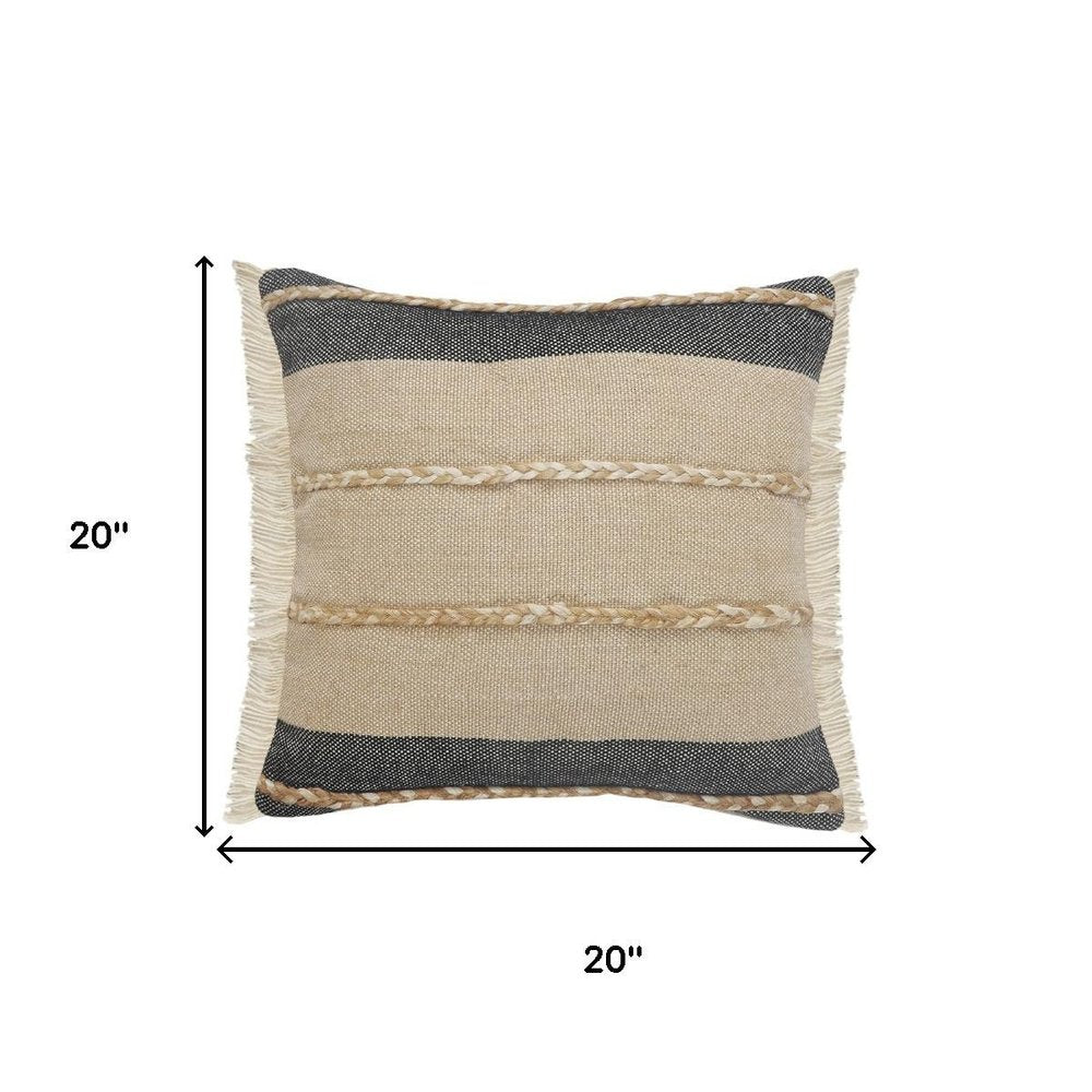 20" Beige And Black Beach Striped Cotton Blend Throw Pillow Cover with Fringe And Texture