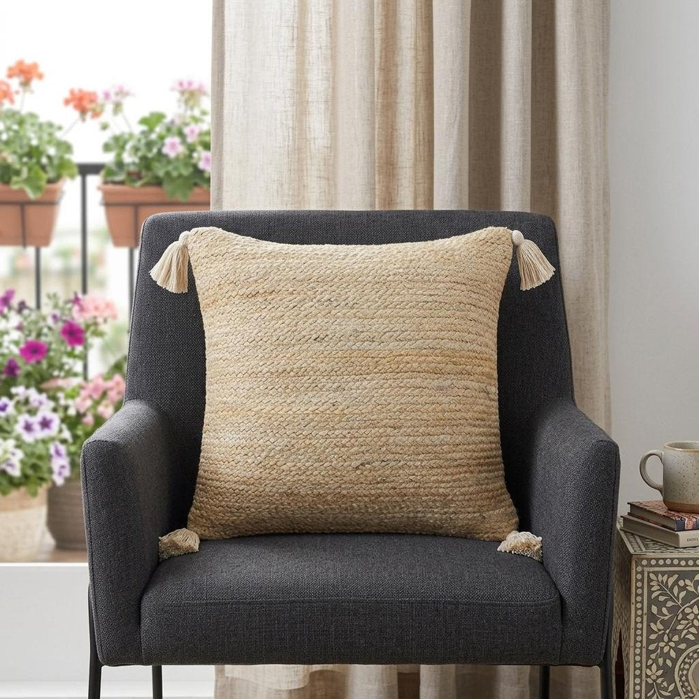 20" Beige Jute Throw Pillow Cover