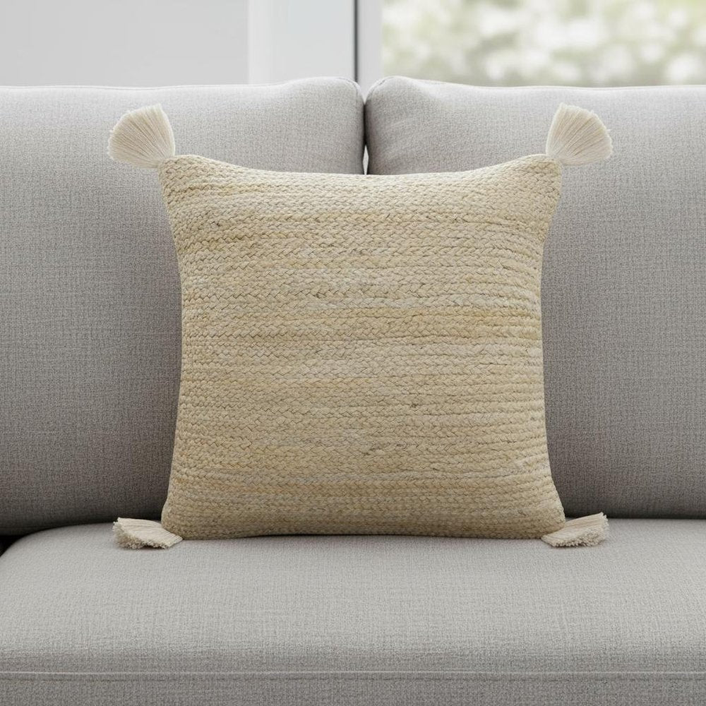 20" Beige Jute Throw Pillow Cover