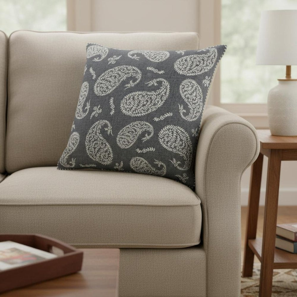24" Gray And White Paisley Cotton Throw Pillow Cover