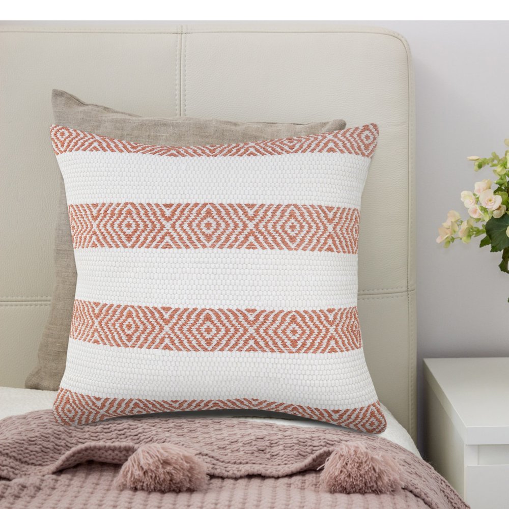20" White And Orange Diamond Cotton Throw Pillow Cover