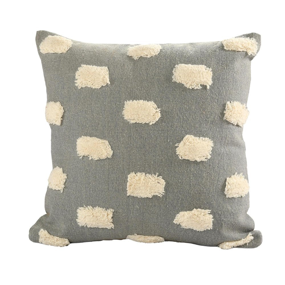 20" Gray And Cream Polka Dot Cotton Throw Pillow Cover with Tufts